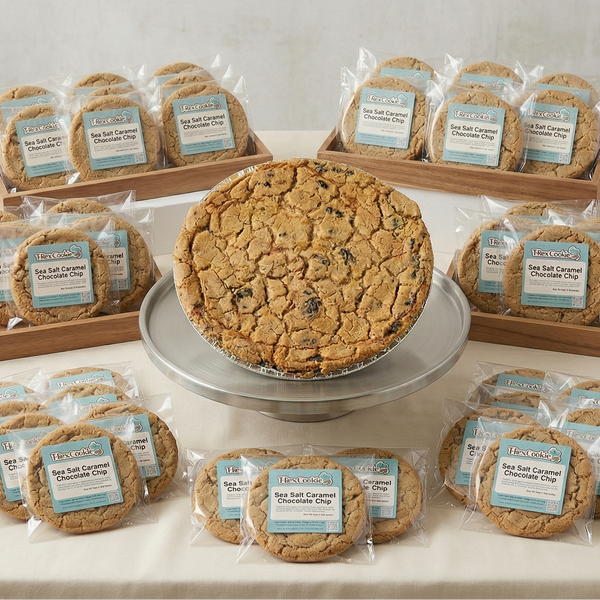 Collection of cookies and a huge cookie on a white surface with a neutral background