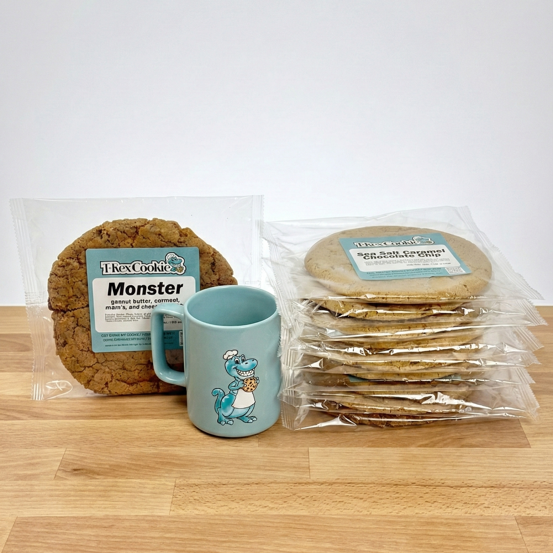 Packaged cookies with a mug on a wooden surface