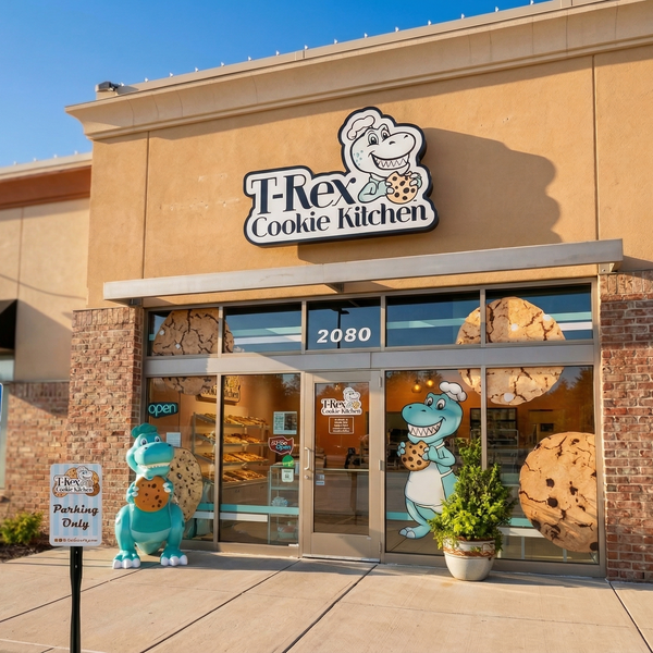 T-Rex Cookie Kitchen storefront with cookie-themed decor and logo.